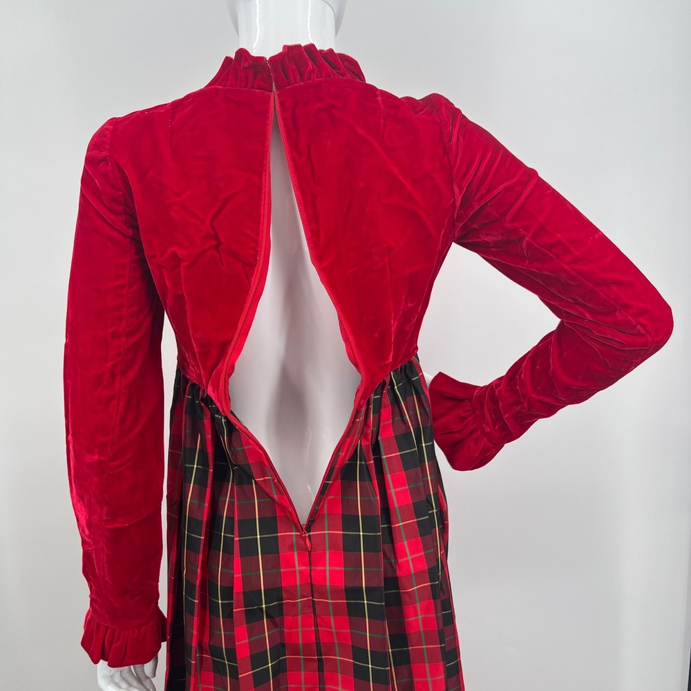 Vintage Regency Red Plaid Long Dress Velvet Bridgerton 70s Cottage Christmas - Picture 7 of 9